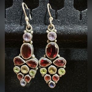 925 Sterling Earrings Oval Cluster Drops and Dangle Multi Semi Precious Stones